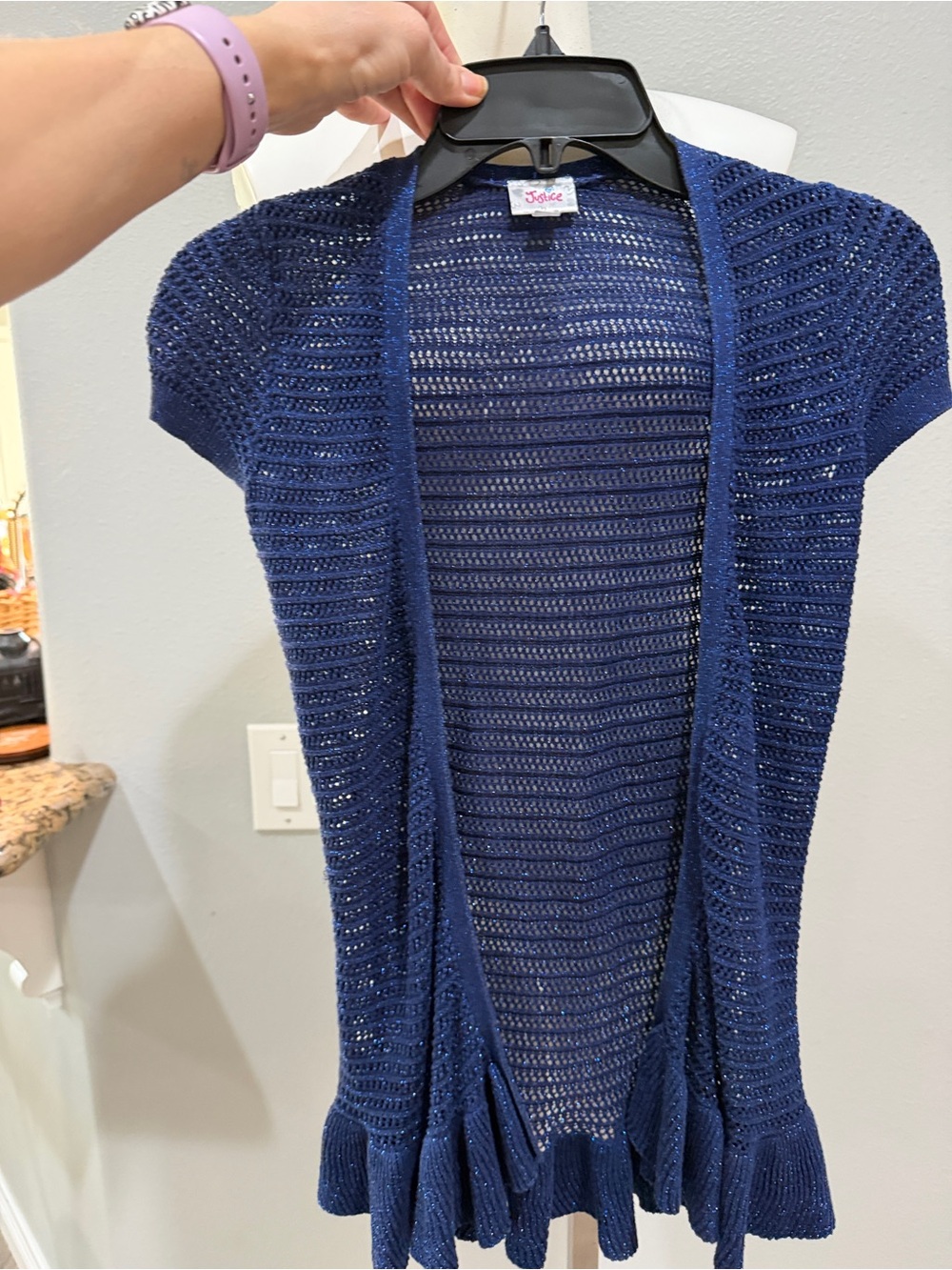 Justice navy open-knit short sleeve ruffle-hem cardigan